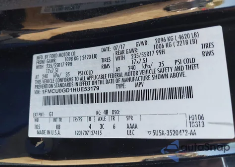 2017 Ford Escape Se z USA, uszkodzony, nr VIN 1FMCU0GD1HUE53179